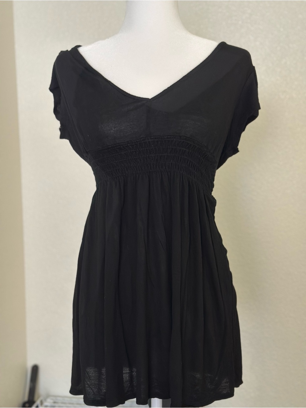 Black V-Neck Smocked Empire Tunic Top